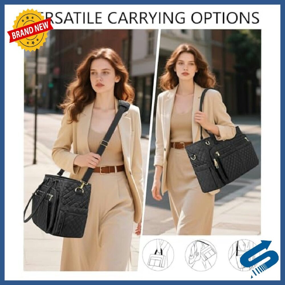 15.6" Laptop Tote Bag - Quilted Work Bag with Padded Sleeve & Multiple Pockets - Picture 5 of 8